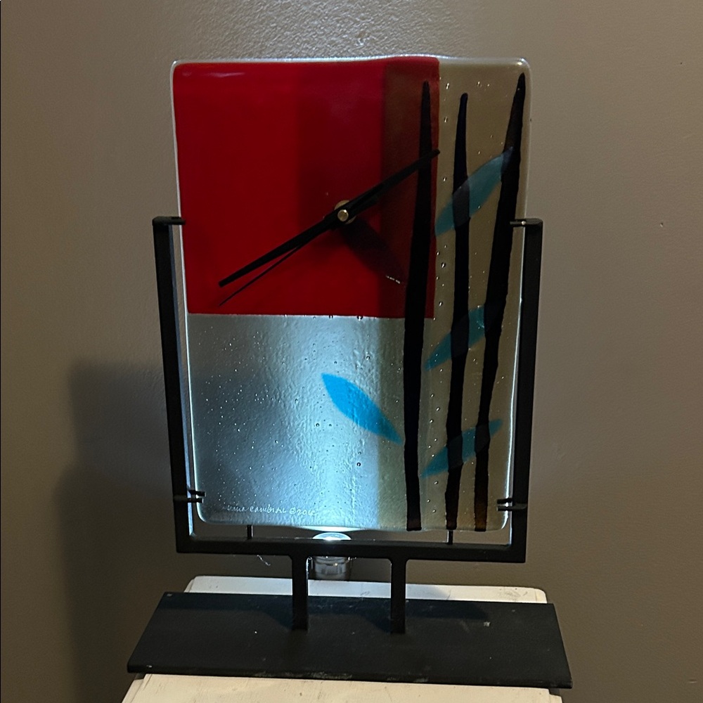 Studio Fused Abstract Design of Colours Signed With Cast Iron Stand Custom-Made